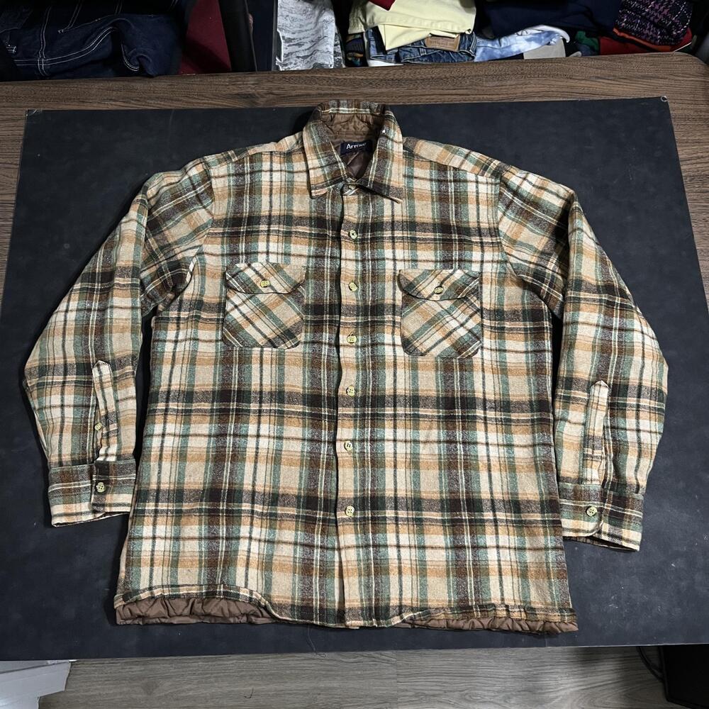 Vintage Arrow 60s Shirt Jacket Mens Large Brown Plaid Quilted Wool Flannel Lined